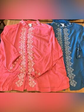 EUC Vintage Lot of 2 Yi Lin Embroidered Silk Mandarin Collar Tops Coral/Blue 2X